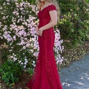 sparkly red off the shoulder prom dress with open back!